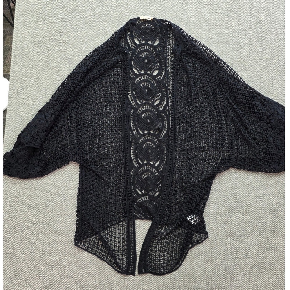 Adora Black Crochet Lace Back Batwing Open Front Cardigan Boho Wrap One Size